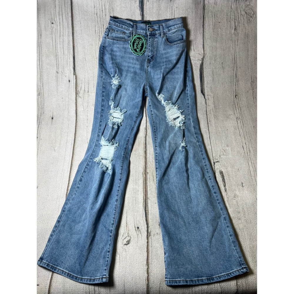 Sterling Kreek Distressed Flare Jeans Womens 7/8 Blue Western‎ Boho Cowgirl